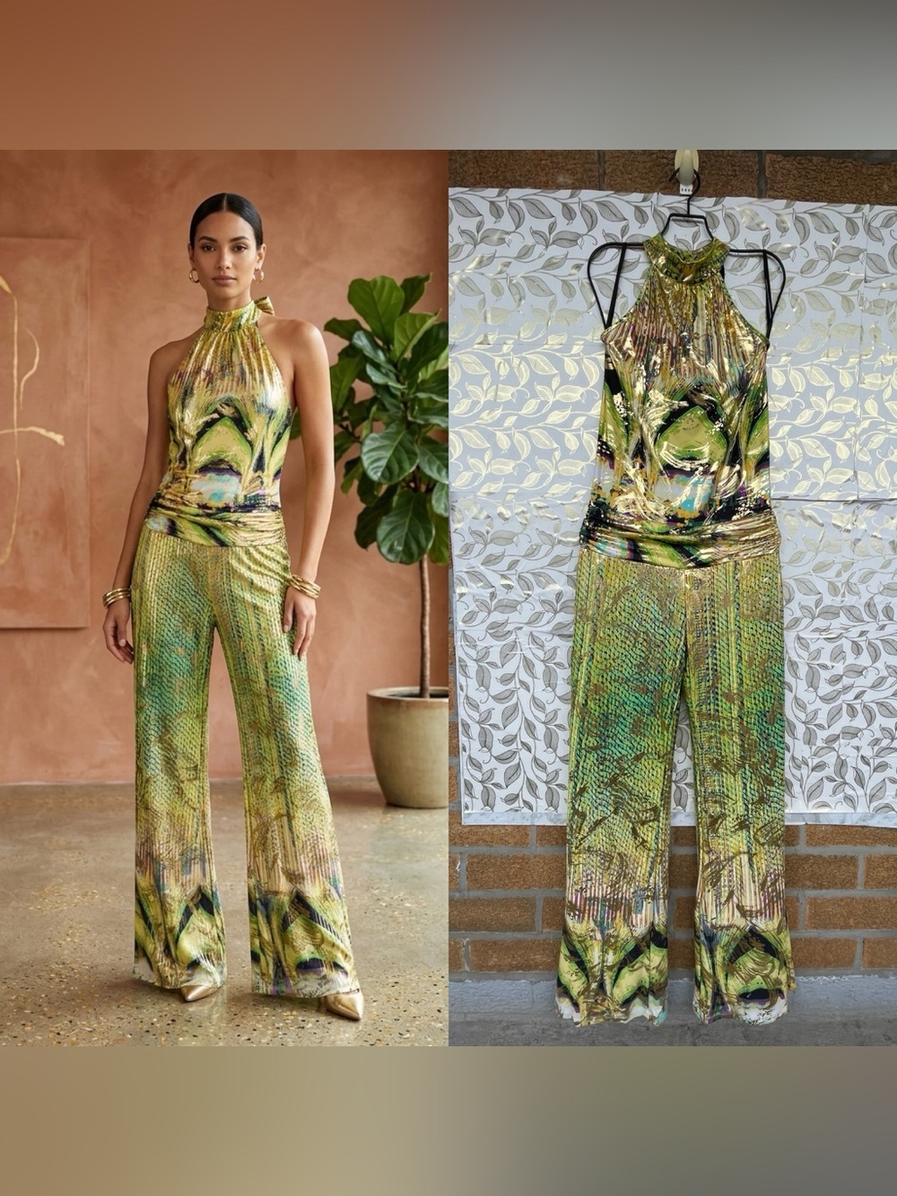 VavaVoom Gold Metallic Halter Jumpsuit Green Y2K Cyber Glam Wide Leg Open Back M